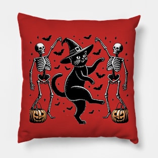 Witch Cat Dancing With Skeletons Pillow