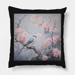 Grey and pink chinoiserie painting with birds and flowers Pillow