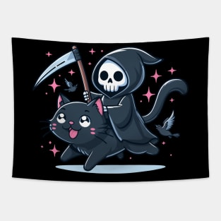 Grim Reaper Riding Black Cat Tapestry