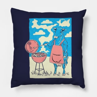 Funny Cow Grilling Steaks Retro Illustration Pillow