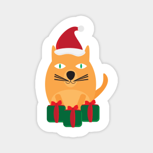 Cute Cartoon Cat with Santa Hat and Green Red Gifts Magnet