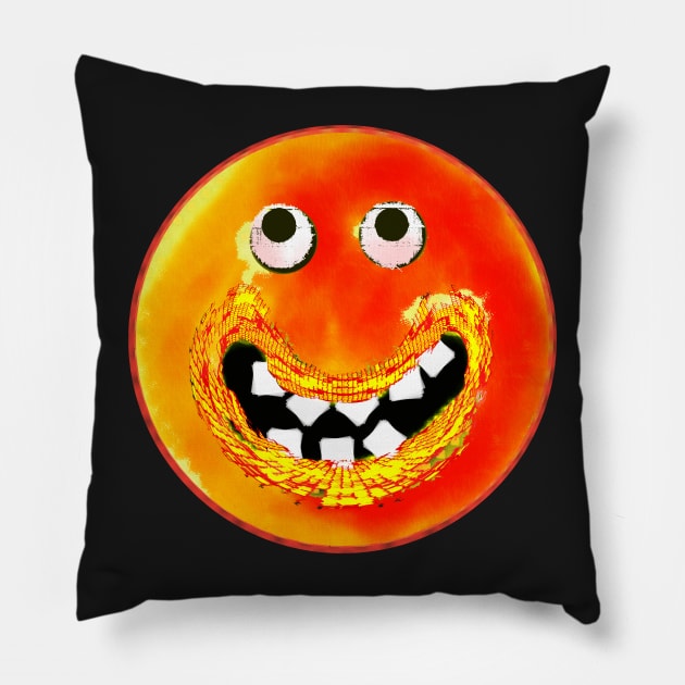 Goofy Orange Smile Emoji Pixel Smilng Face Pillow by PlanetMonkey