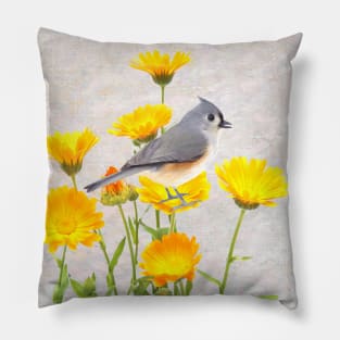 Tufted Titmouse Perched in a Marigold Flower Patch Pillow