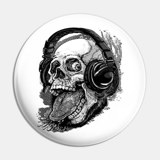 Skull Giving Raspberry With Music Headphones BW Pin