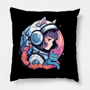 Female Astronaut and Blue Cat Pillow