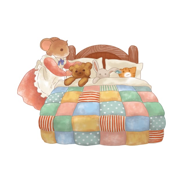 Anthropomorphic Mouse Tucking the Toys into Bed by Jieul
