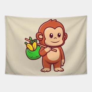 Cute Monkey Bring Banana With Bag Cartoon Tapestry