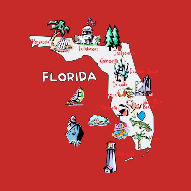 tourism map of Florida state, USA, major cities, attractions, flag by Mashmosh