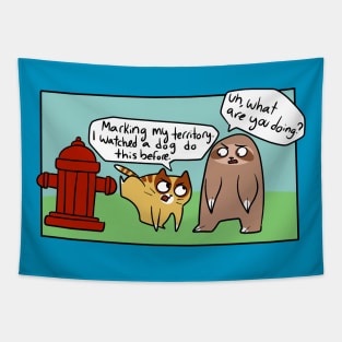 Cat and Sloth Fire Hydrant Comic Tapestry