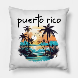 Puerto Rico - Beach Scene (Black Lettering) Pillow