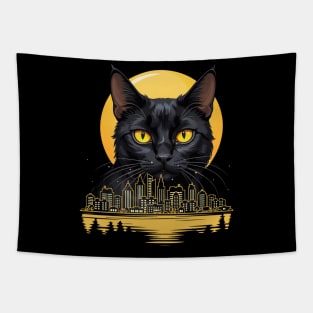 Black Cat With Yellow Eyes Night Moon And City Cats Lovers Tapestry