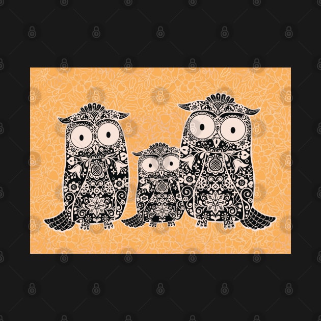 Folk Art Owl Family with Baby Owl on Yellow Floral Background by NattyDesigns