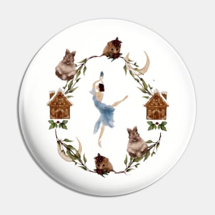 Winter Watercolor Wreath Nutcracker Ballerina Surrounded by Cute Baby Animals and Gingerbread Houses- Ballet Art Pin