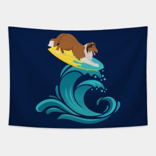 Rough Collie Dog on Surf Board on Summer Sea Wave Tapestry