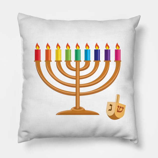 Hanukkah with menorah and wooden dreidel Pillow by lisenok