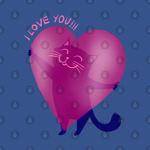 Cute blue cat holding a big pink heart - version 2 by iulistration