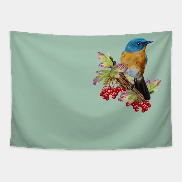 Little Blue bird and red fruits Tapestry by Lewzy Design