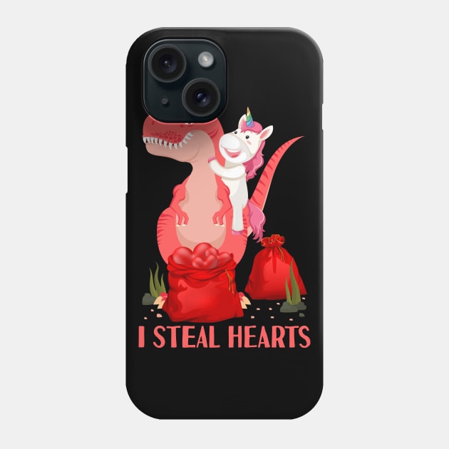 I Steal Hearts Unicorn Riding T rex Dinosaur Valentines Day Phone Case by Tesszero