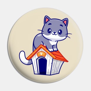 Cute Cat Sitting On Cat Cage Cartoon Pin