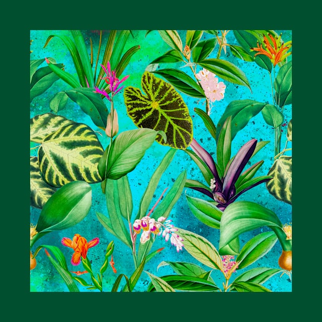 Stylish Tropical floral leaves and foliage botanical illustration, botanical pattern, tropical plants, aqua blue leaves pattern over a by Zeinab taha