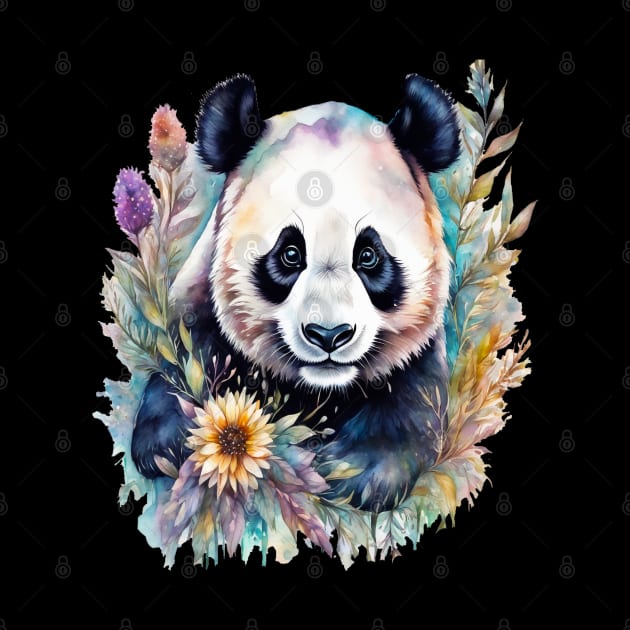 Fantasy, Watercolor, Panda Bear With Flowers and Butterflies by BirdsnStuff