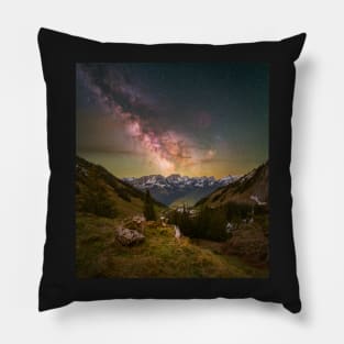 Amazing landscape of Switzerland and colourful Milky Way Pillow