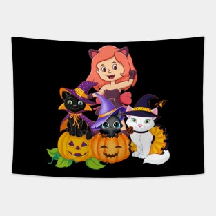 funny witch and her cats enjoy in halloween Tapestry