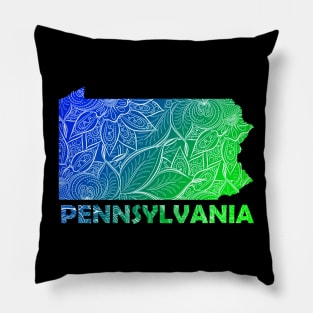 Colorful mandala art map of Pennsylvania with text in blue and green Pillow