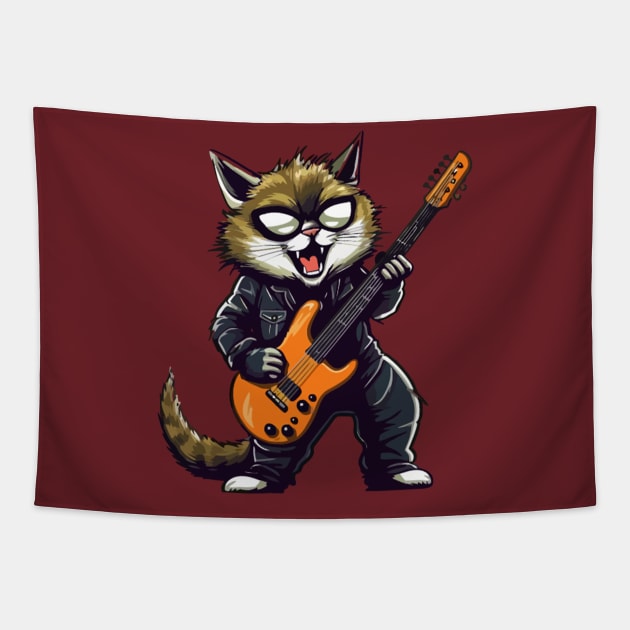 Cat playing an electric guitar Tapestry by LEMOUS TEES