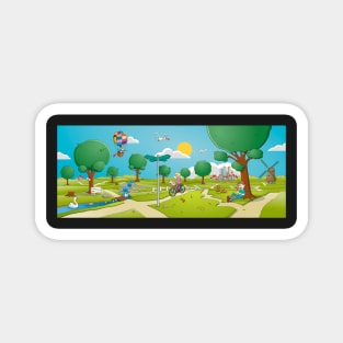 Cheerful summer landscape panorama with various illustrative elements. Magnet