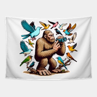 Bigfoot the Birdwatcher: A Mythical Ornithologist's Day Out Tapestry