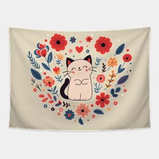 Cute Kitty Cat with colorful Flowers | Kawaii Kitty cat | Cat Lover Design Tapestry