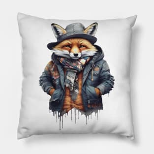 Fox wearing a jacket cap and a scarf Pillow