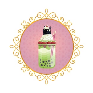 Black Cat Matcha Boba Tea (Red Background) T-Shirt