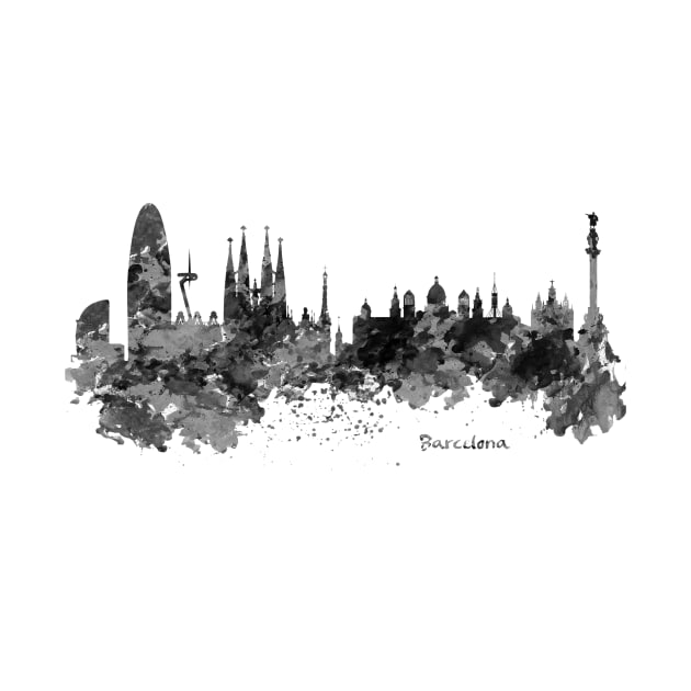 Barcelona Black and White Watercolor Skyline by Marian Voicu