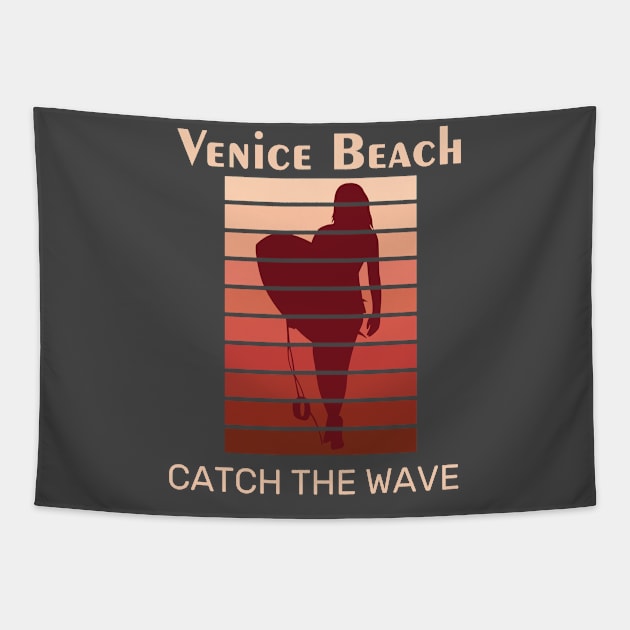 Venice Beach Catch The Wave Retro Sunset Graphic Design Tapestry by AdrianaHolmesArt