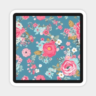 Pink and Blue Shabby Chic  Floral Flowers, Pretty Feminine Pattern on Blue Background Magnet