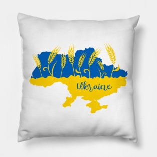 Map of Ukraine decorated with wheat ear in Ukrainian flag colors Pillow