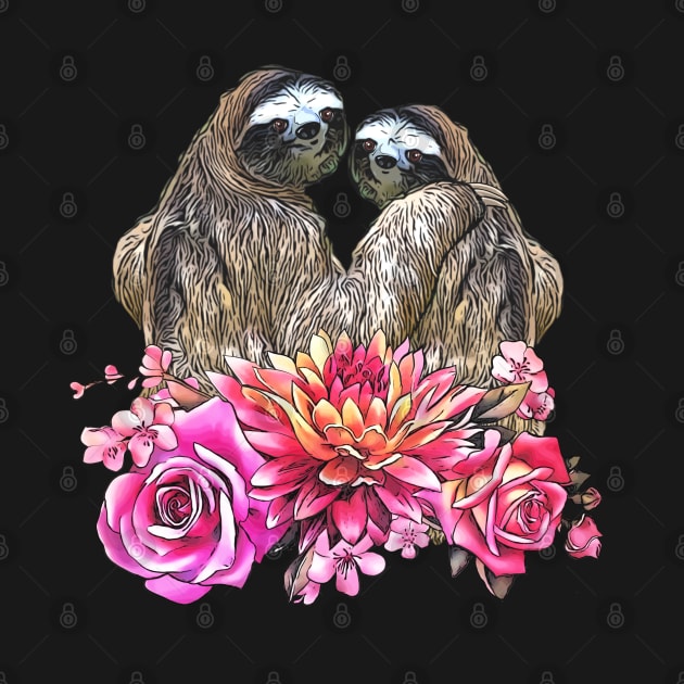 Sloths in love, lovers couple cute, romantic pink flowers by Collagedream