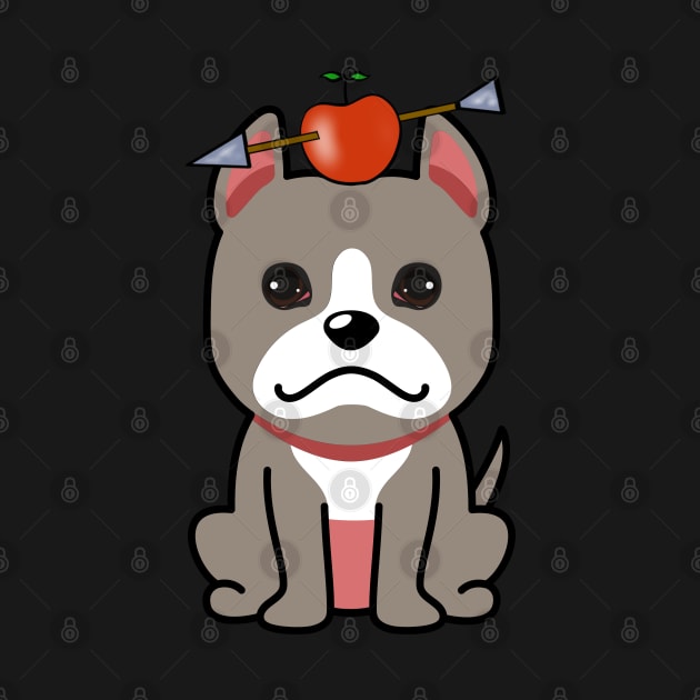 Cute grey dog has an apple and arrow on head by Pet Station