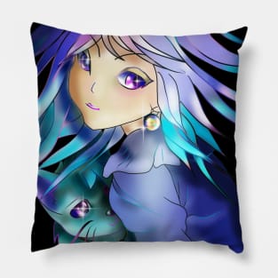 Fantasy girl with a green cat for anime fans Pillow