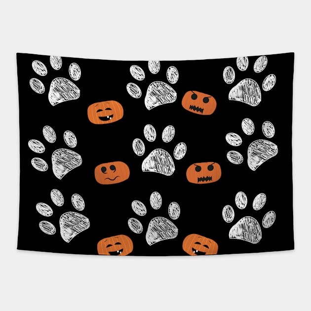 Doodle white paw prints with funny pumpkins Tapestry by GULSENGUNEL