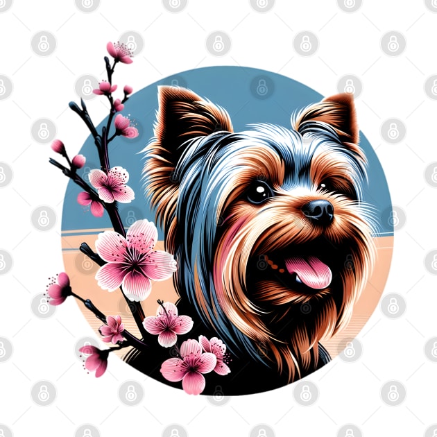 Yorkshire Terrier Enjoys Spring Amid Cherry Blossoms by ArtRUs