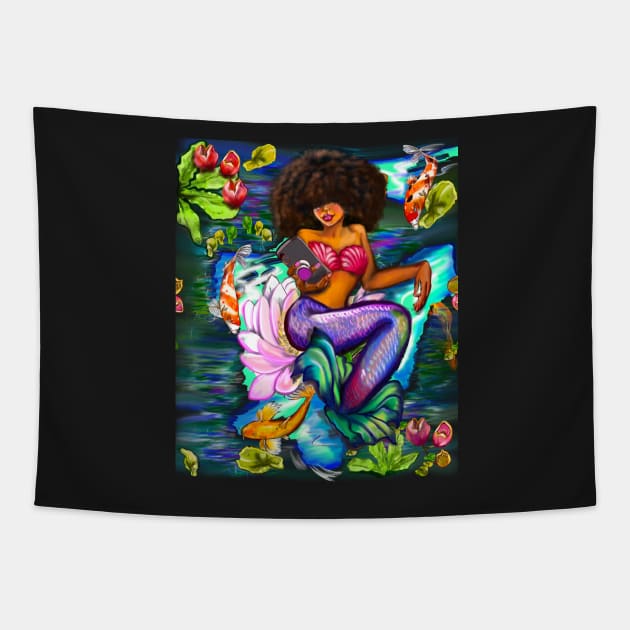 Mermaid with full afro checking her phone ii with Koi fish in koi pond with plants and flowers Tapestry by Artonmytee