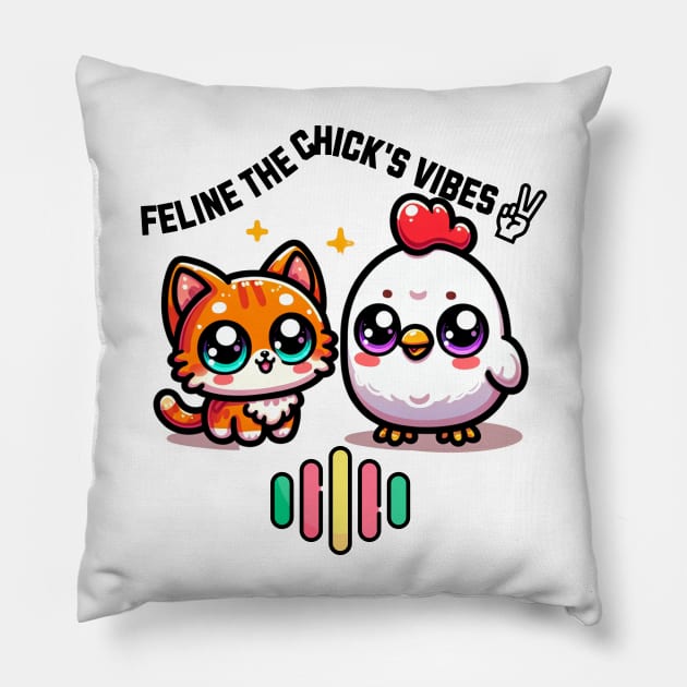 Feline The Chick's Vibes - Kitty and Chicken Pillow by DaysMoon