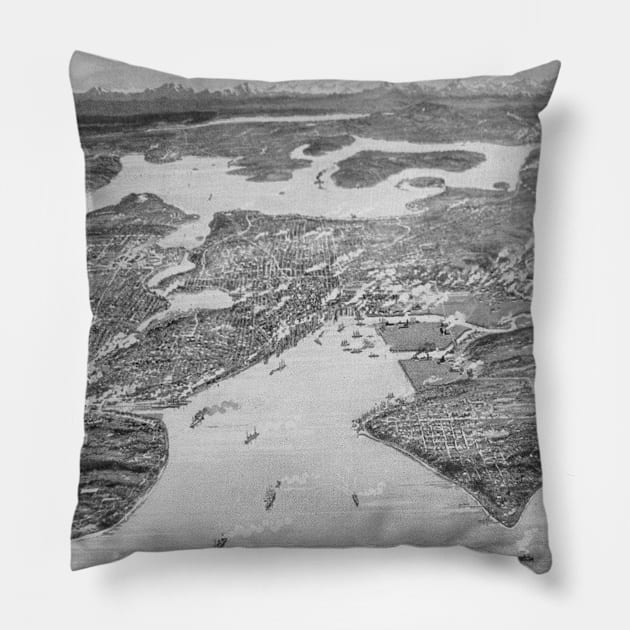 Vintage Pictorial Map of Seattle (1908) Pillow by Bravuramedia