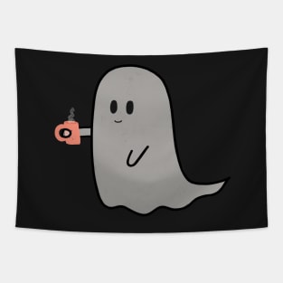 caffeinated little ghost with a mug of coffee - cute halloween Tapestry