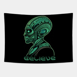 Believe Modern Sci-Fi Green Alien - Futuristic Extraterrestrial Art Tapestry