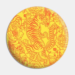 Chinese Tiger Vintage Pattern Sunshine Yellow with Orange - Retro Hong Kong Print Pin