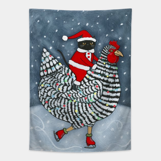 Ice Skating Christmas Chicken Tapestry by KilkennyCat Art